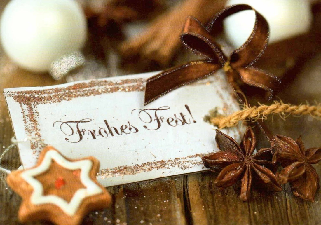 Weihnachtsgruß Postkarte - Vintage Braun & Gold mit Glitzer, Sternanis, Zimt, Schleife & Lebkuchenmotiv für ein fröhliches Fest