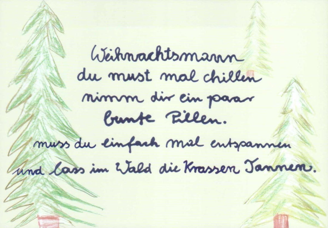Weihnachtsgrüße Humorvolle Postkarte: "Chillender Weihnachtsmann" mit Spruch, Tannenbaum & Handschrift in Grün - Weiß