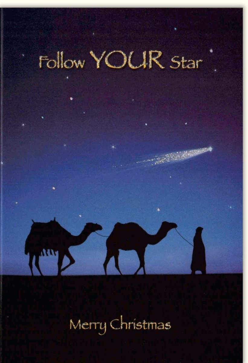 Weihnachtsgrußkarte 'Follow Your Star' mit Glitzerlack, Sternschnuppe & Kamele Silhouette - Festliche Nachthimmel Doppelkarte für Weihnachten, Grußbotschaft 'Merry Christmas'