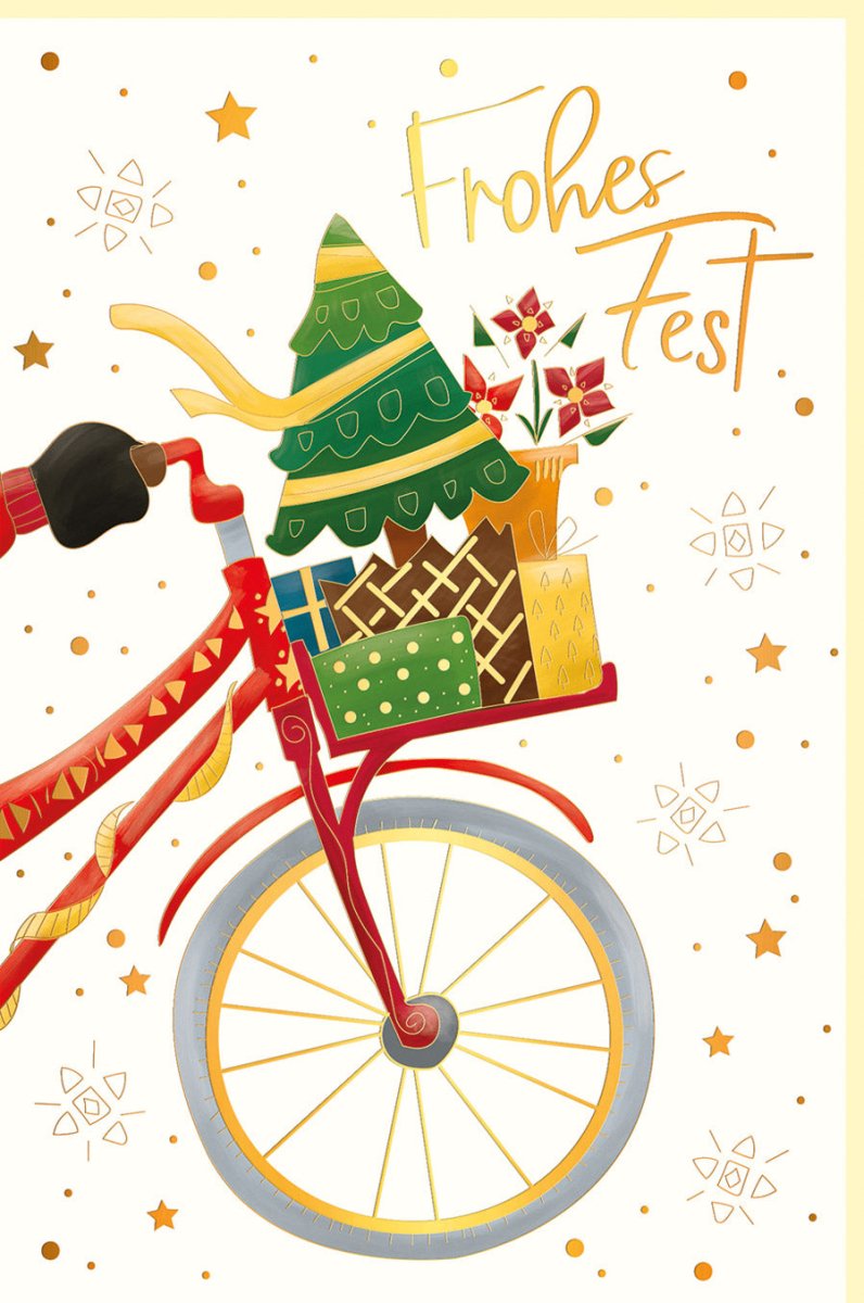 Weihnachtsgrußkarte mit Fahrrad & Geschenken - Frohes Fest & Besinnliche Feiertage - Winterlicher Weihnachtsbaum Motiv