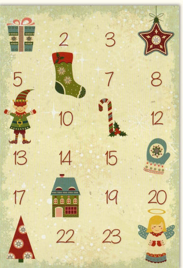 Weihnachtskarte & Adventskalender in Einem - Nostalgische Doppelkarte mit Vintage Weihnachtsstrumpf, Tannenbaum, Schneeflocken & Engel Motiven - Retro Christmas Countdown & Weihnachtsdekoration