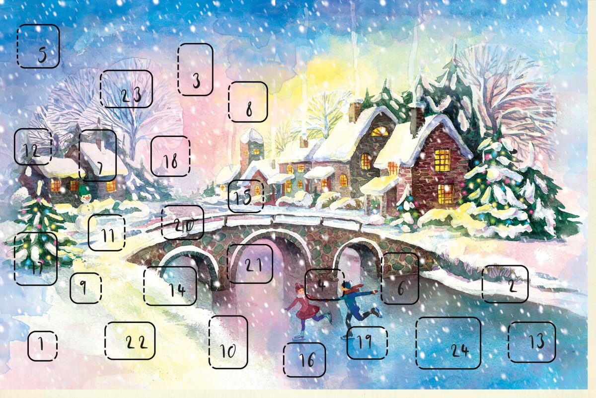Weihnachtskarte Adventskalender - Winterlandschaft mit Schneebedecktem Dorf, Brücke & Fluss, Spielende Kinder - Besinnliche Festtagsgrüße