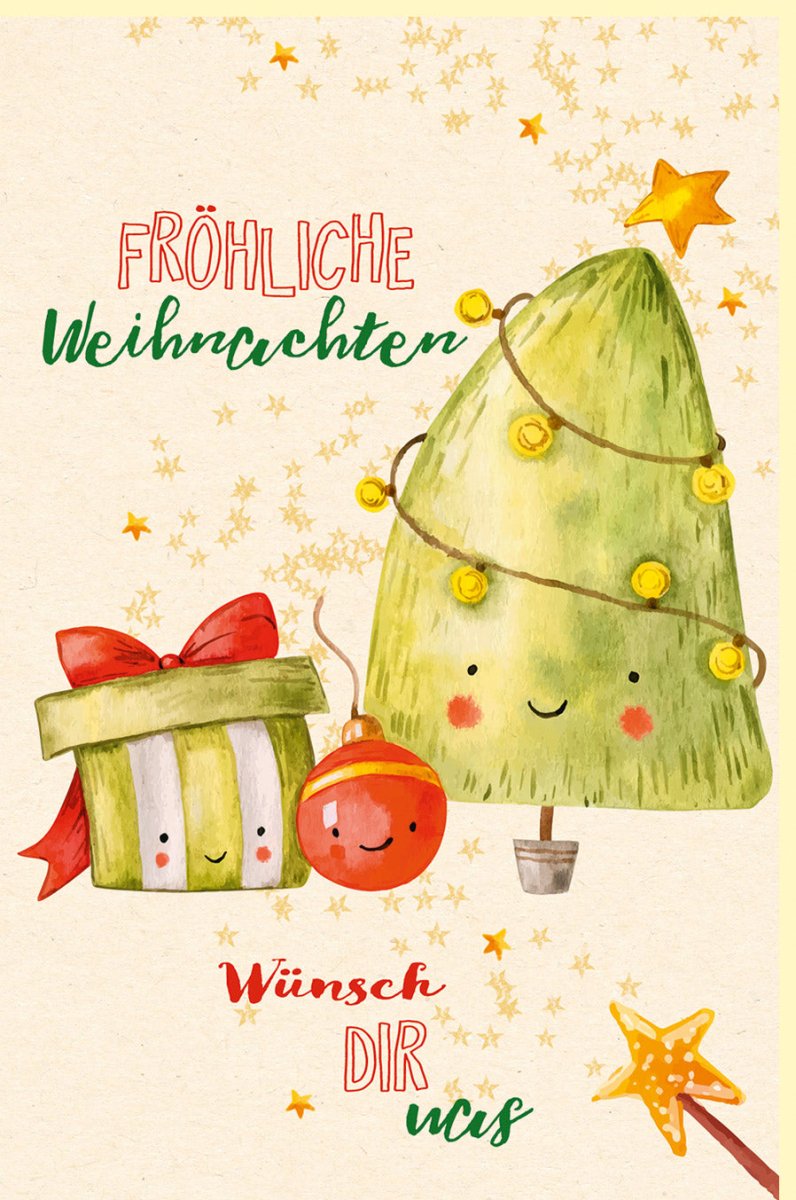 Weihnachtskarte aus Zuckerrohrpapier – Festliche Doppelkarte mit Tannenbaum, Stern & Weihnachtsschmuck in Grün, Rot & Gold für Familie und Freunde