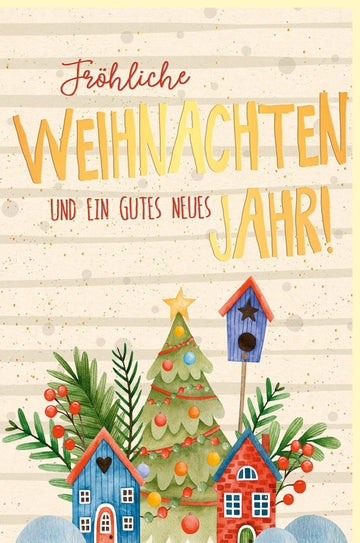 Weihnachtskarte aus Zuckerrohrpapier mit Holzhäusern - Umweltfreundlicher Weihnachtsgruß in Beige, Grün & Rot, Handgemachte Illustration, Warme Farben für Familie & Freunde, Traditionelle Festtagsdekoration mit Weihnachtsbaum & Vogelhaus