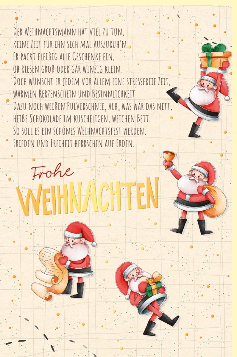 Weihnachtskarte aus Zuckerrohrpapier mit Weihnachtsmann und Geschenken - Traditionelle Frohe Weihnachten Doppelkarte für Familie und Freunde, Festlich Rot & Grün, Besinnliche Feiertage Illustration, Herzliche Glückwünsche voller Liebe und Gemütlichkeit