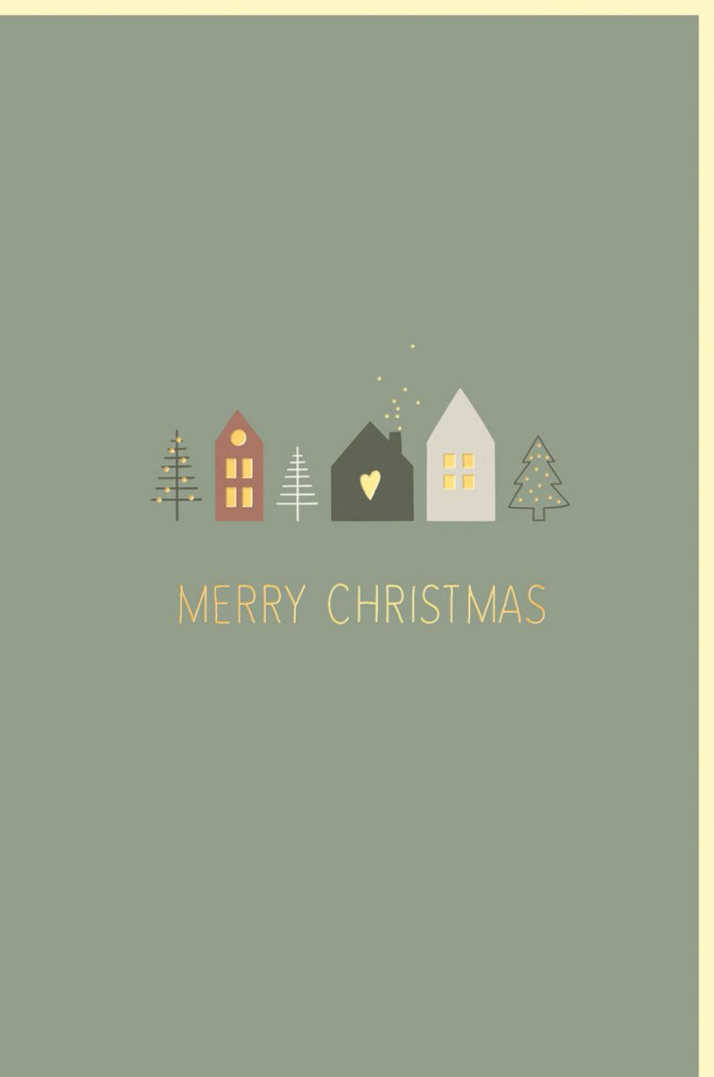 Weihnachtskarte Doppelkarte - Festliche Grüne Häuser & Bäume Design, Hochwertige Weihnachtsgrüße, Elegante Papeterie, Stilvolle Wintermotive, Geschmackvolle Feiertagskarten für Dezember, Modern & Schlicht