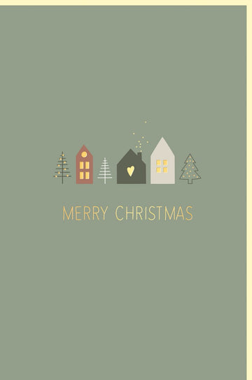 Weihnachtskarte Doppelkarte - Festliche Grüne Häuser & Bäume Design, Hochwertige Weihnachtsgrüße, Elegante Papeterie, Stilvolle Wintermotive, Geschmackvolle Feiertagskarten für Dezember, Modern & Schlicht
