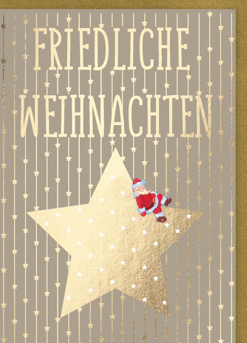 Weihnachtskarte Doppelkarte - Festliche Sterne & Glitzer Santa in Gold, Beige Schrift für Friedliche Weihnachten