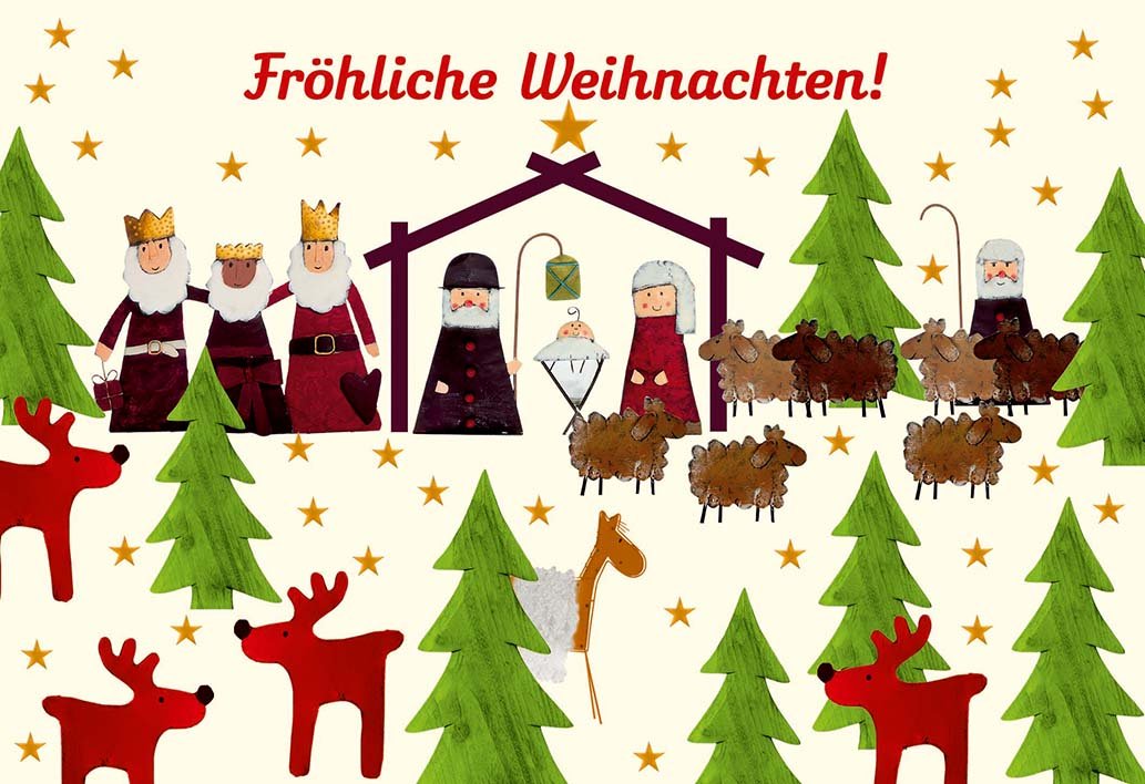 Weihnachtskarte Doppelkarte - Frohe Festtage mit Weihnachtsmann, Rentieren & Tannenbäumen, Sternenverzierte Grußkarte für Familie & Freunde, Traditionelle Winterfeiertags - Glückwünsche zur Besinnlichkeit