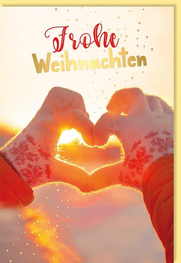 Weihnachtskarte Doppelkarte "Frohe Weihnachten" - Festliche Grußkarte mit Goldfolie, Herz & Wintermotiv - Liebevolle Hand - Design Weihnachtsgrüße für die Feiertage, Handschuhe & Sonnenuntergang Romantik, Dezember Tradition