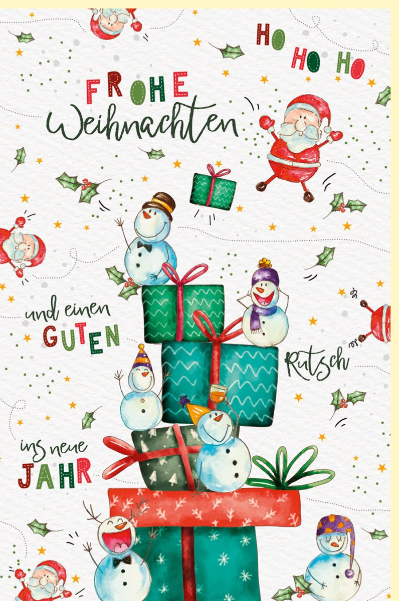 Weihnachtskarte Doppelkarte - Frohe Weihnachten & Neujahr Grüße, Naturkarton mit bunten Geschenken, Weihnachtsmännern & Schneemännern