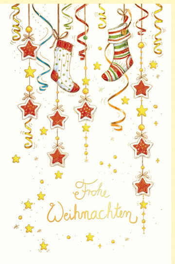 Weihnachtskarte Doppelkarte für Familie und Freunde - Festliche Grußkarte zu Weihnachten mit Socken, Sternen & Girlanden Motiven auf Naturkarton, Elegante Goldfolie Veredelung, Traditionelles Design in Rot & Gold Tönen