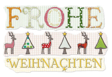 Weihnachtskarte Doppelkarte im Vintage - Stil - "Frohe Weihnachten" mit Rentieren, Tannenbäumen & Sternen - Bunte Festliche Grußkarte für Familie und Freunde, Ideal zum Versenden & als Feiertagsdekoration