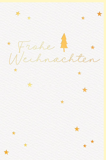 Weihnachtskarte Doppelkarte in Goldfolie - Edle & Schlichte Naturkarton Grußkarte mit Elegantem Design, Sternen & Tannenbaum Motiv für Familie, Freunde & Unternehmen - Festlicher Weihnachtsgruß "Frohe Weihnachten" in Gold & Weiß