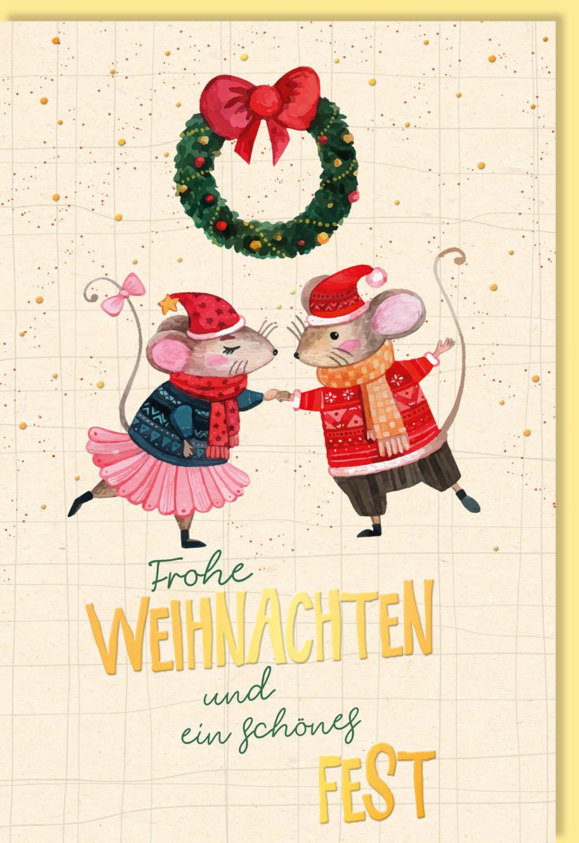 Weihnachtskarte Doppelkarte - Mäuse Tanzen in Weihnachtskleidung, Festlicher Kranz mit Schleife, Zuckerrohrpapier & Goldfolie, Niedliche Cartoon - Illustration, Frohe Weihnachten & Schönes Fest Grußkarte