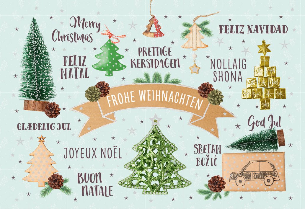 Weihnachtskarte Doppelkarte Mehrsprachig - Frohe Weihnachten International, Feiertagsgrüße mit Festlichem Tannenbaum, Schneeillustration, Glitzerndem Auto & Geschenken Motiv