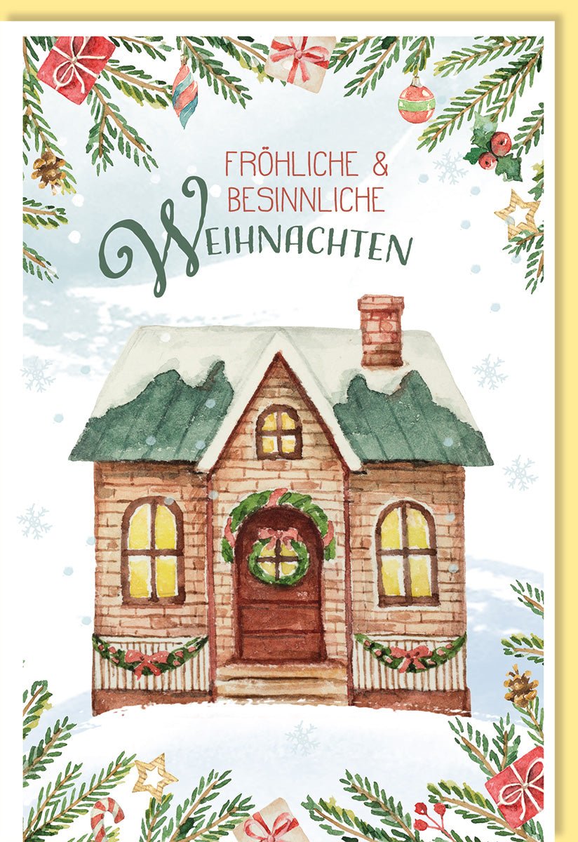 Weihnachtskarte Doppelkarte mit Aquarell Schneelandschaft, Gezeichnetem Haus, Tannenzweigen & Schneeflocken - Festliche Besinnliche Weihnachtsgrüße