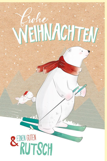 Weihnachtskarte Doppelkarte mit Bär auf Ski, Naturkarton, Wintermotiv Illustration, Frohe Weihnachten & Guten Rutsch, Ideal für Kinder & Familie, Beige & Rot - 1 Stück