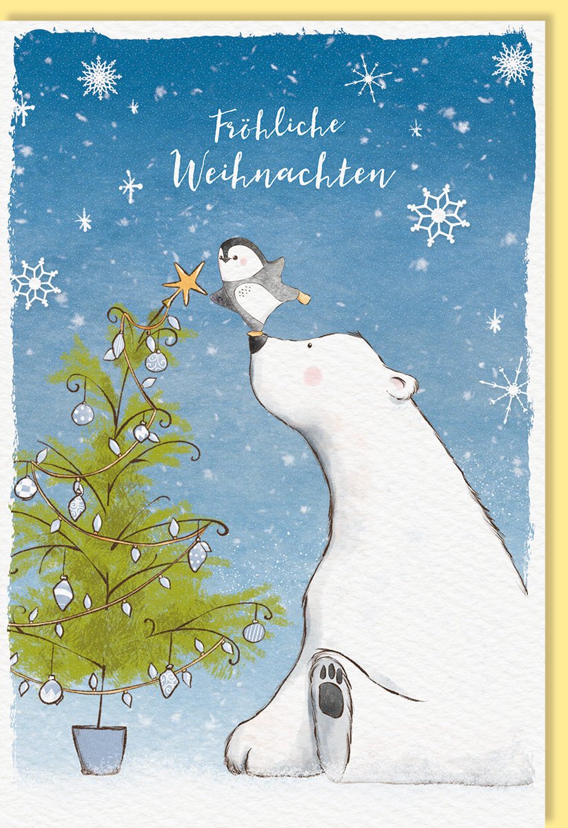 Weihnachtskarte Doppelkarte mit Eisbär & Pinguin - Handgezeichnete Winter Tiere am Weihnachtsbaum, Schnee - Szenerie auf Naturkarton, Festliche Grußkarte für Freundschaft und Feiertage, Arctic Antarctic Motiv