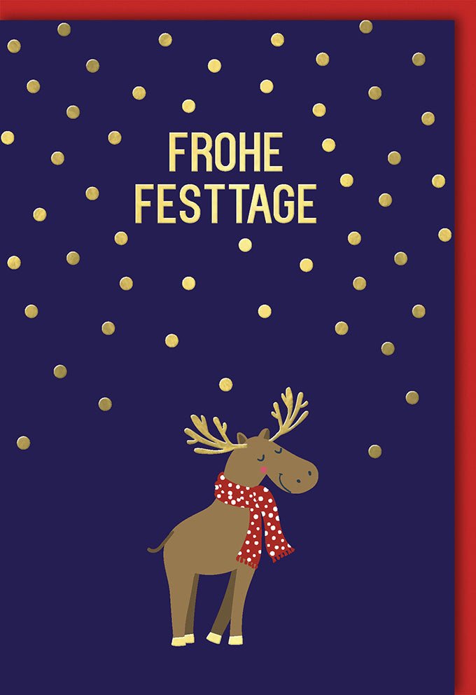 Weihnachtskarte Doppelkarte mit Elch - Motiv, Schneeflocken in Rot & Gold - Traditionelle Frohe Festtage Grußkarte, Glückwünsche für Feiertage, Winterliche Dezember Festlichkeiten, Illustrierte Weihnachtsgrüße