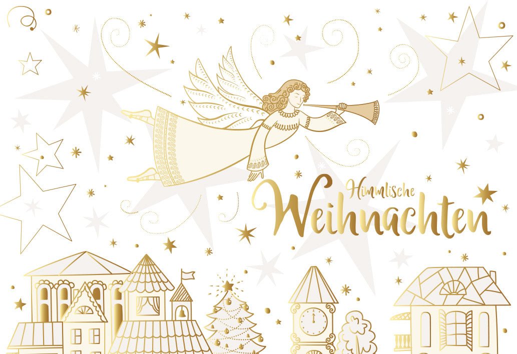 Weihnachtskarte Doppelkarte mit Engel & Sternen in Gold - Traditioneller Weihnachtsgruß für Familie und Freunde