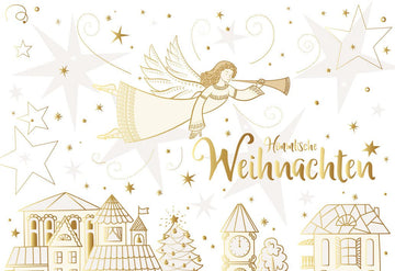 Weihnachtskarte Doppelkarte mit Engel & Sternen in Gold - Traditioneller Weihnachtsgruß für Familie und Freunde