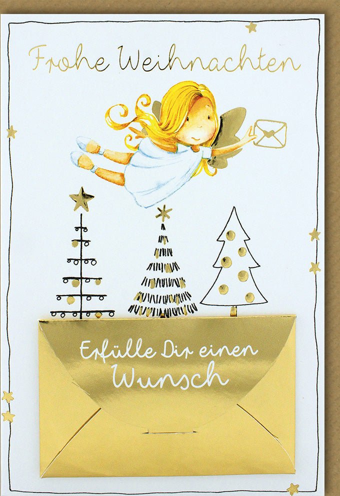 Weihnachtskarte Doppelkarte mit Engel und Stern, Festlicher Tannenbaum Goldener Schriftzug, Hochwertige Grußkarte für Weihnachten "Frohe Weihnachten" Wunsch - Karte