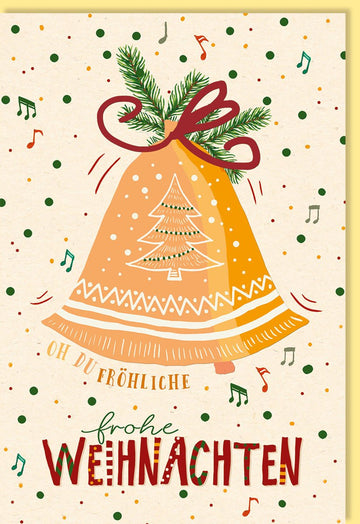 Weihnachtskarte Doppelkarte mit Glockenmotiv - Festliche Tannenbaum & Musiknoten Design, Handgemachte Vintage Weihnachtsgrüße auf Umweltfreundlichem Zuckerrohrpapier, Recycling, Frohe Weihnachten