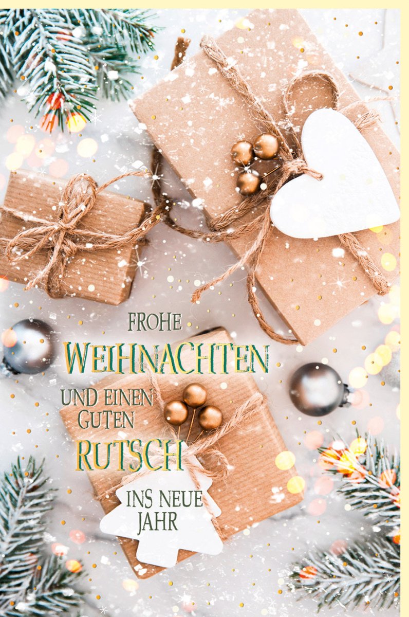 Weihnachtskarte Doppelkarte mit Goldfolie und Glitzer - Festlicher Weihnachtsgruß mit Tannenzweigen, Schnee & Geschenken - Elegante Frohe Weihnachten & Neujahr Grußkarte für Winterzauber