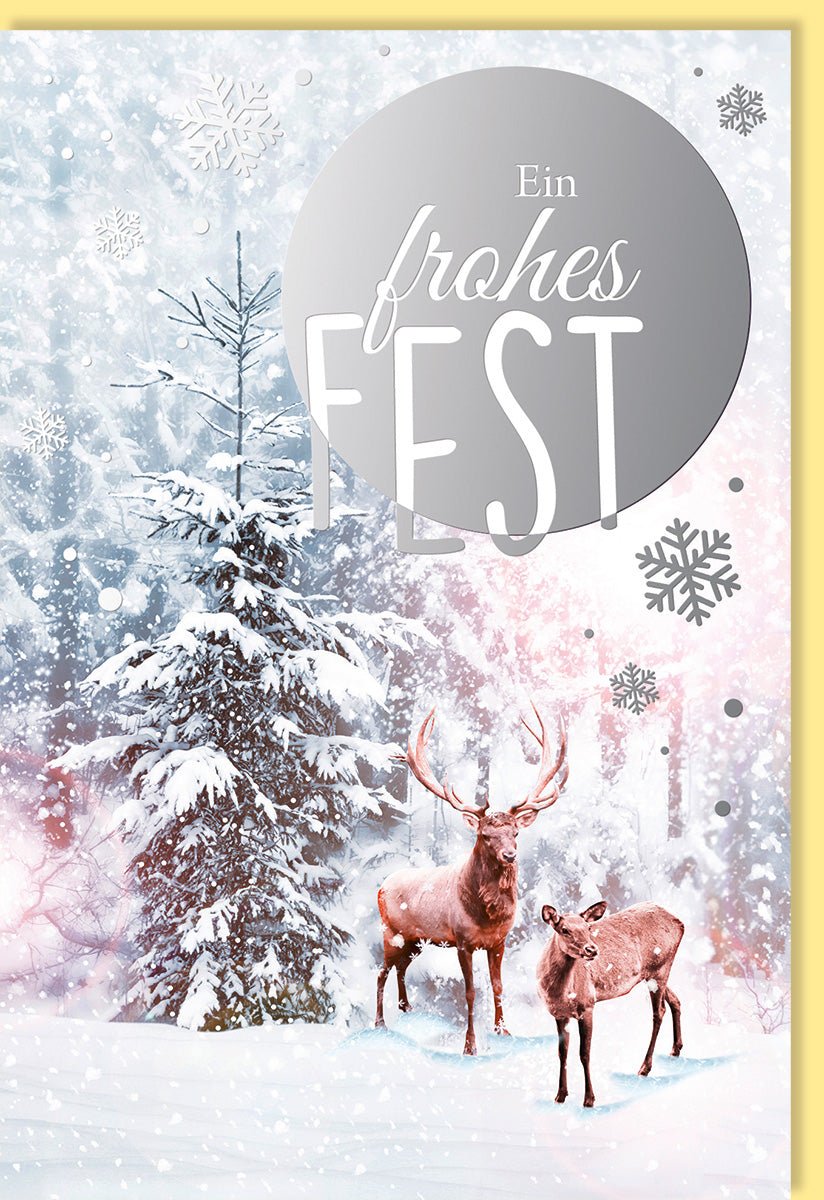 Weihnachtskarte Doppelkarte mit Hirsch & Reh im Schnee - Elegante Winterlandschaft mit Tannenbaum und Silberfolie - Festliche Grüße Tiermotiv für ein Frohes Fest, Natur - Eleganz