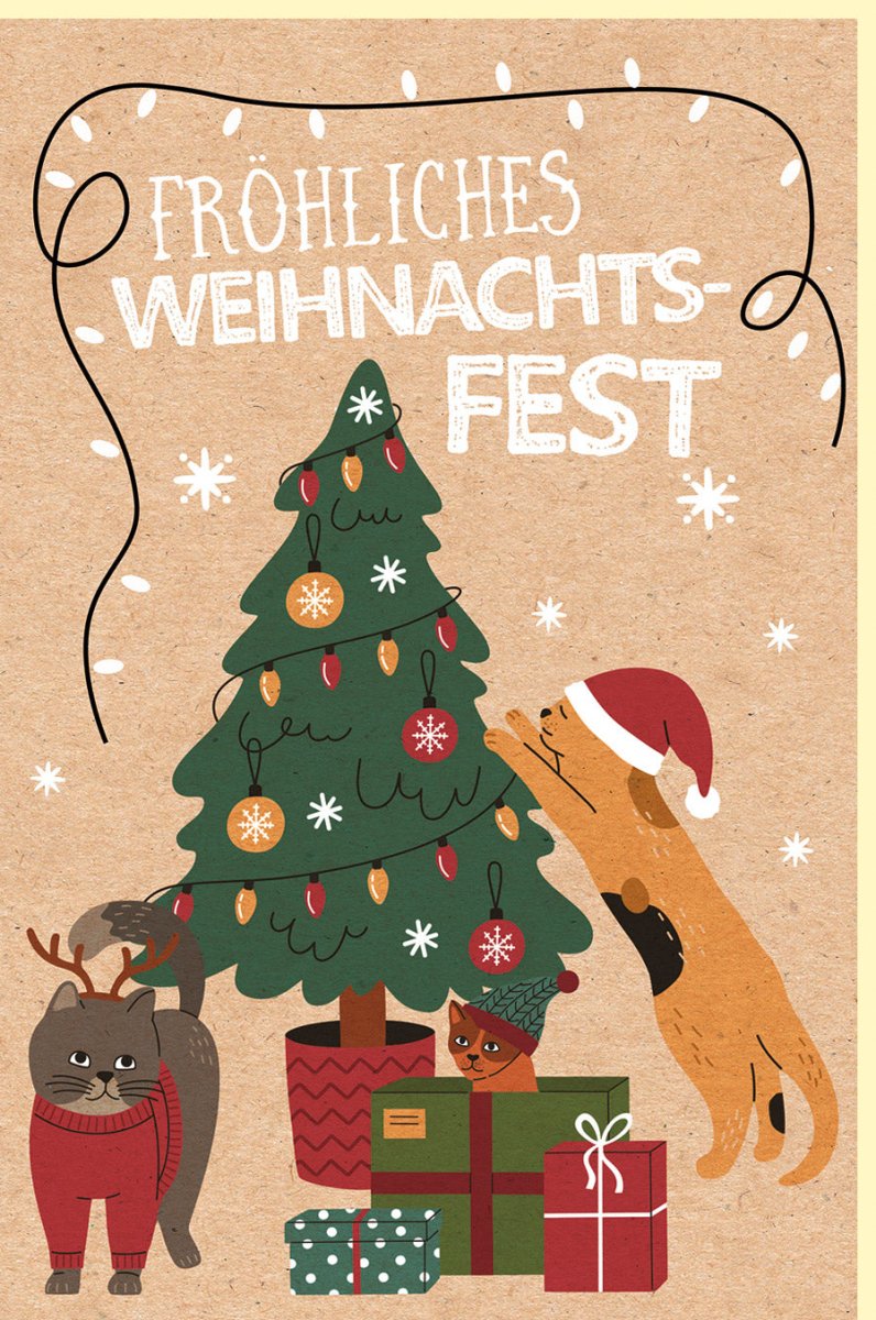 Weihnachtskarte Doppelkarte mit Kraftpapier - Design – Katzen am Weihnachtsbaum, Geschenke & Tannenbaum Motiv, Ideal für Tierliebhaber & Haustierbesitzer, Frohes Fest Illustration in Braun, Grün & Rot für Familie und Freunde