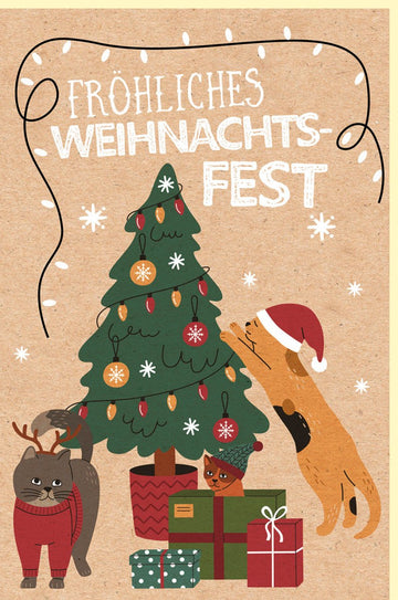 Weihnachtskarte Doppelkarte mit Kraftpapier - Design – Katzen am Weihnachtsbaum, Geschenke & Tannenbaum Motiv, Ideal für Tierliebhaber & Haustierbesitzer, Frohes Fest Illustration in Braun, Grün & Rot für Familie und Freunde