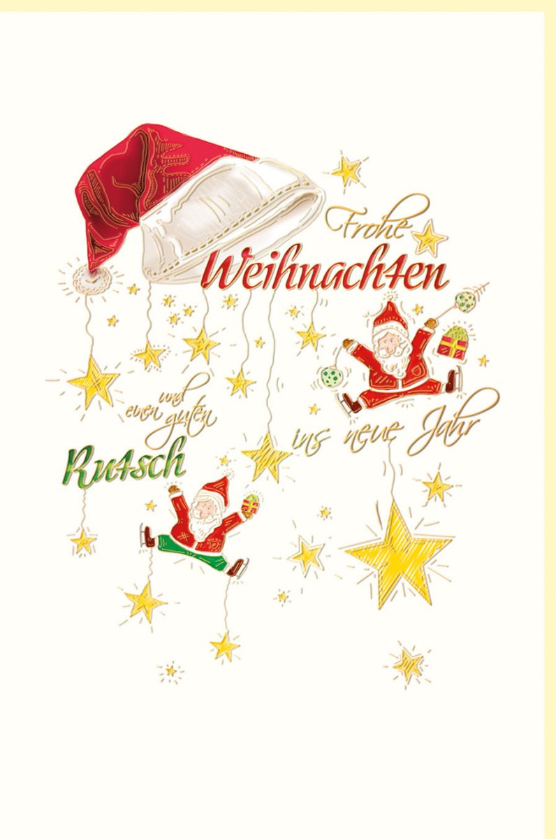 Weihnachtskarte Doppelkarte mit Naturkarton, Kleine Weihnachtsmänner in Rot & Gold, Sterne Glitzer Design, Ideal für Familie & Freunde - Festliche Weihnachtsgrußkarte mit Weihnachtsmütze