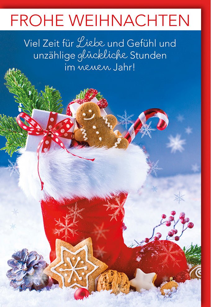 Weihnachtskarte Doppelkarte mit Nikolausstiefel, Lebkuchen & Zuckerstange Motiv - Festliche Grüße im Schnee mit Tannenzapfen - Frohe Weihnachten voller Glück, Freude & Liebe - Besinnliche Festtage