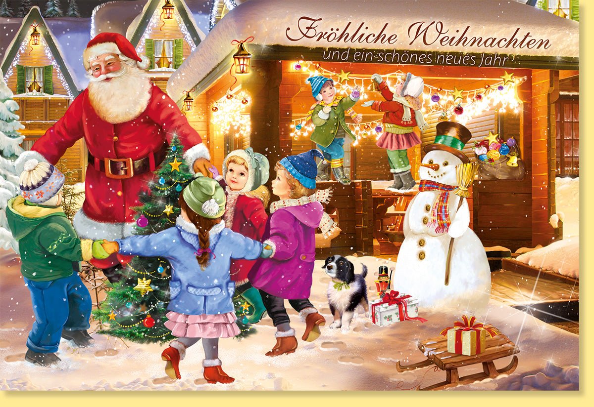 Weihnachtskarte Doppelkarte mit nostalgischem Weihnachtsmarkt - Motiv – Kinder, Weihnachtsmann, Schneemann, festliche Beleuchtung, Geschenke & Tannenbaum im Schnee – Winterliche Familienfreude & Tradition