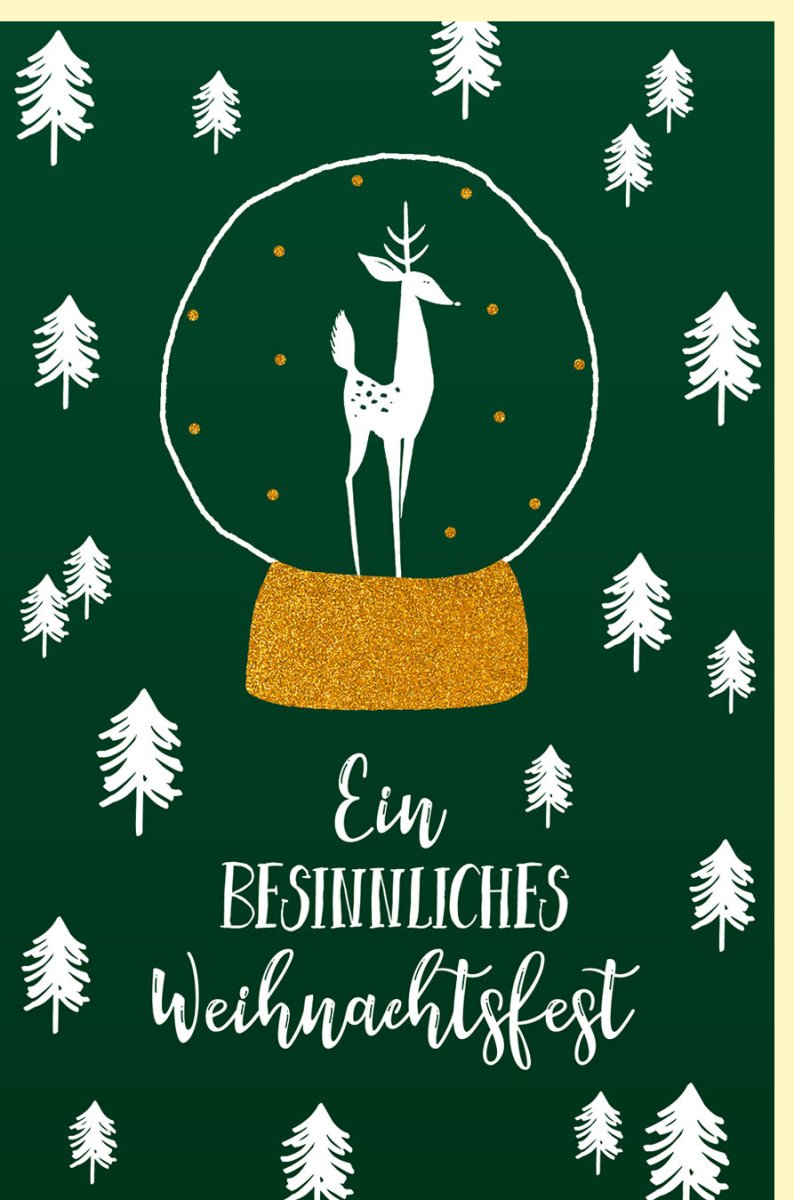 Weihnachtskarte Doppelkarte mit Rentier & Schneekugel Motiv - Glitzernde Festtagsgrüße in Grüntönen und Gold, Besinnliche Feiertagsdekoration mit Tannenbaum & Schnee, Winterliche Grußkarte für die Festlichkeiten