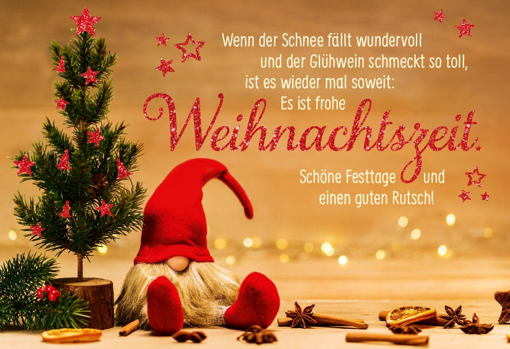 Weihnachtskarte Doppelkarte mit Umschlag - Frohe Weihnachten & Guter Rutsch, Schneelandschaft, Tannenbaum & Wichtel Motiv, Ideal für Festtage Grüße mit Glühwein Charme - Premium Weihnachtsgrußkartenset