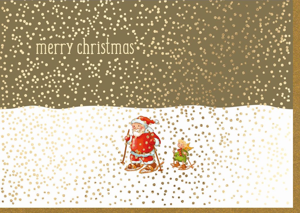 Weihnachtskarte Doppelkarte mit Umschlag - Traditioneller Weihnachtsgruß mit Santa Claus, Rentier & Schneemotiv - Glitzernde Festtagskarte in Gold, Braun & Beige für Familie und Freunde