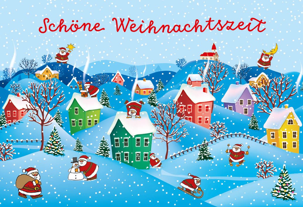 Weihnachtskarte Doppelkarte mit Umschlag - Winterliche Schneelandschaft, Weihnachtsmann im Schlitten, Geschenke & Tannenbaum Motiv - Frohe Festtage & Kinderfreude, Schneemann & Bunte Häuser im Schnee Spaß Design