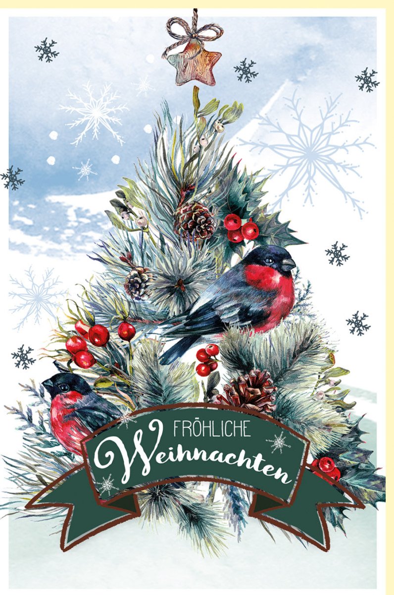 Weihnachtskarte Doppelkarte mit Weihnachtsbaum, Schneebeeren & Rotkehlchen - Festliche Grußkarte für Familie und Freunde, Winterliches Design in Blau & Weiß, "Frohe Weihnachten" Tannenzweig - Motiv