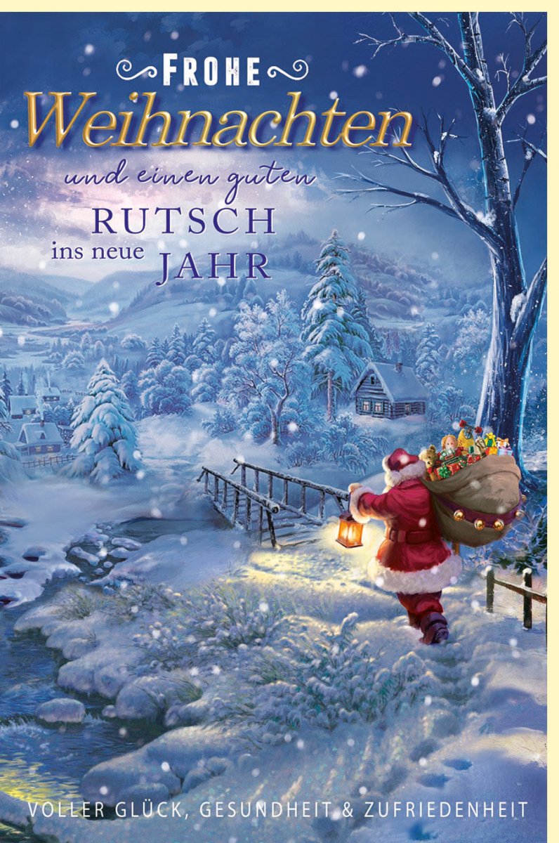 Weihnachtskarte Doppelkarte mit Weihnachtsmann, Geschenkesack & Schneelandschaft - Traditionelle Blau - Goldene Festtagsgrüße für Familie & Freunde - Nostalgische Winteridylle mit Frohen Weihnachten und Neujahrswünschen