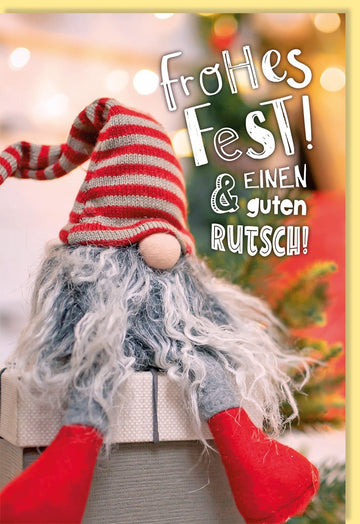 Weihnachtskarte Doppelkarte mit Wichtel - Mützen - Motiv - "Frohes Fest & Guten Rutsch" - Festliche Rot - Weiß Gestreifte Weihnachtsgrüße, Winterzeit Dekoration, Ideale Geschenkidee für Saisonale Grüße