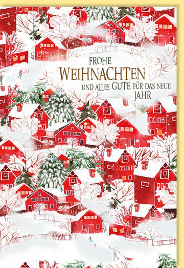 Weihnachtskarte Doppelkarte mit Winterlandschaft - Festliche Grußkarte mit Schneebedeckten Häusern, Rot - Weißen Dächern & Nadelbäumen, Traditionelle Weihnachtswünsche & Saisonale Glückwünsche