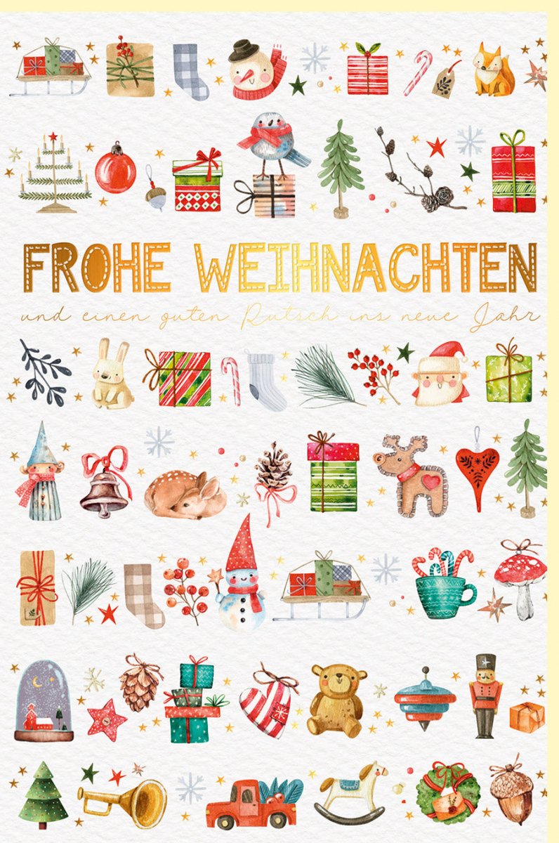 Weihnachtskarte Doppelkarte Naturkarton mit Goldschrift, Traditionelle Festtagsgrüße für Familie & Freunde, Beige Rot Grüntöne, Besinnliche Winterzeit Motive - Tannenbaum, Schneemann, Rentier, Weihnachtsmann, Engel & Sterne - Glück & Liebe Wünsche