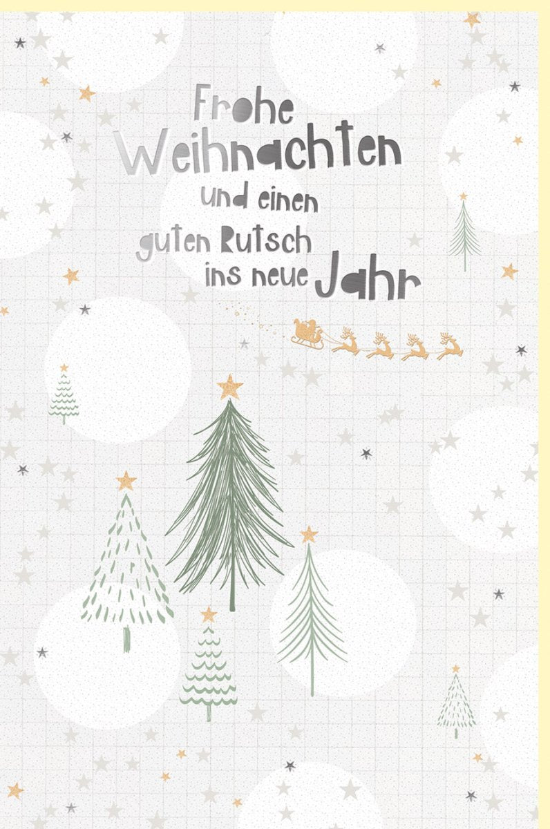 Weihnachtskarte Doppelkarte Naturkarton mit Silberfolie, Handgezeichnete Tannenbäume & Rentiere, Festlicher Weihnachtsgruß & Neujahrswünsche für Familie und Freunde, Beige mit Sternen – Frohe Weihnachten!