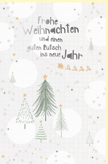 Weihnachtskarte Doppelkarte Naturkarton mit Silberfolie, Handgezeichnete Tannenbäume & Rentiere, Festlicher Weihnachtsgruß & Neujahrswünsche für Familie und Freunde, Beige mit Sternen – Frohe Weihnachten!