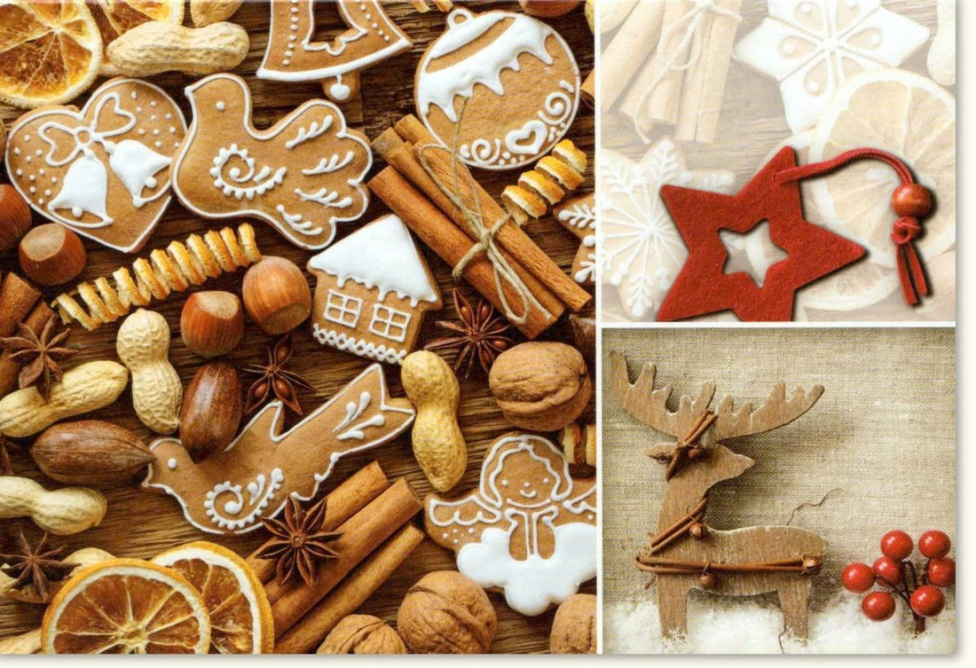 Weihnachtskarte Doppelkarte Traditionell - "Merry Christmas" mit Lebkuchen, Zimtsternen, Nüssen & Orangenscheiben, Festliche Holzdeko & Weihnachtsgebäck Design, Besinnliche Feiertagsgrußkarte in Braun, Rot & Beige Tönen, Winterliche Saisonale Dekoration