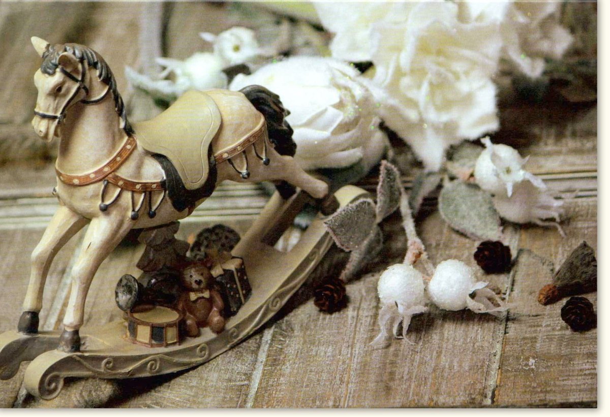 Weihnachtskarte Doppelkarte Traditionell mit Schaukelpferd - Motiv – Klassische Holz - Optik, Nostalgische Vintage Weihnachten Dekoration, Festliche Besinnliche Grußkarte für Familie, Winter Geschenk