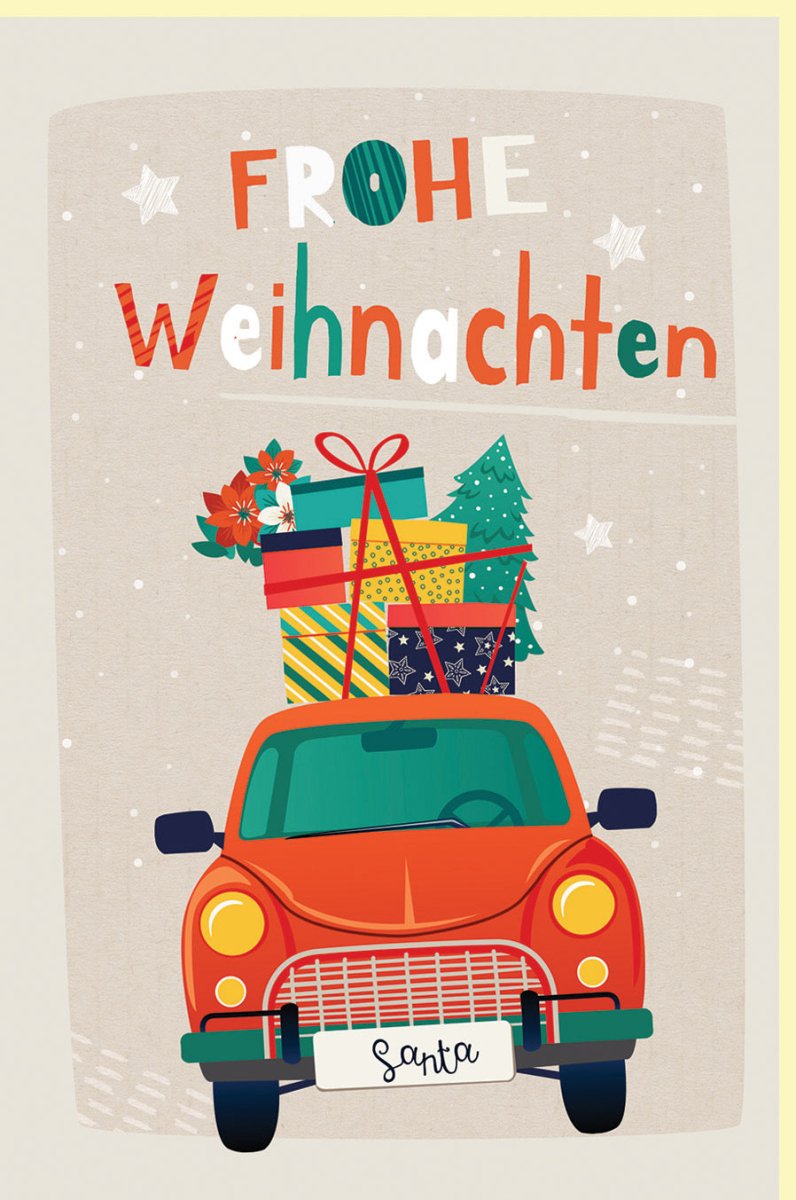 Weihnachtskarte Doppelkarte Vintage Auto & Tannenbaum - Naturkarton Beige Rot Grün, Traditionelle Festtagsgrüße für Familie & Freunde, Besinnliche Feiertagskarte mit Wintermotiv, Jahresend - Gemütlichkeit