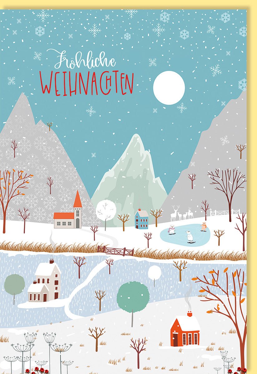 Weihnachtskarte Doppelkarte Winterlandschaft mit Schnee, Bergen & Bäumen - Handgezeichnete Häuser Illustration, Frohe Weihnachten Grußkarte, Festliche Winterwelt Szenerie